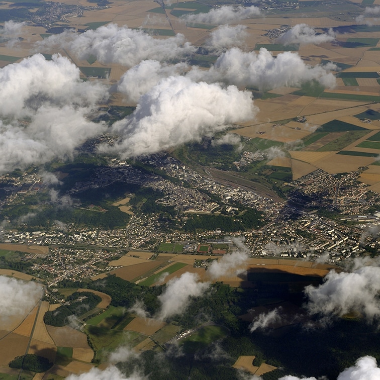 a far birds eye view of a city