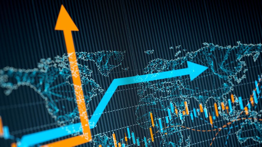 Arrows pointing in different directions infront of a tech background.